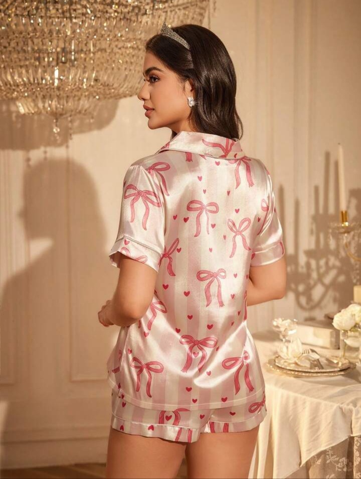 LuxeNights 2pcs Womens Bow Print Pocket Short Sleeve Top And Shorts Set, Spring/Summer
